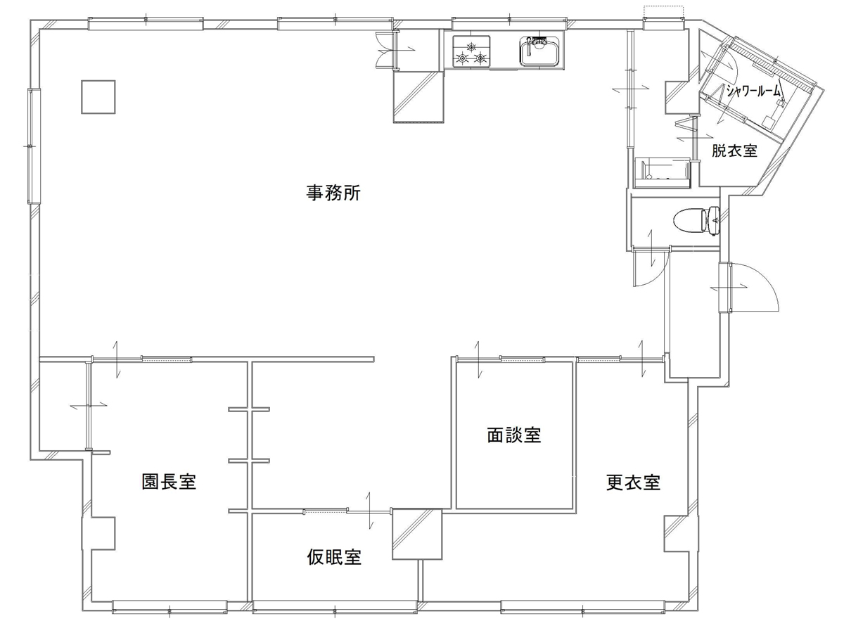 リフォーム後の図面。広い事務所（職員室）や園長室、更衣室などをワンフロアにまとめ、水まわりも交換しました。