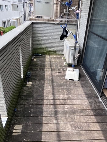 床を歩くと一部がフカフカと沈む状態で、経年劣化により黒ずみや苔が見られる箇所もありました。