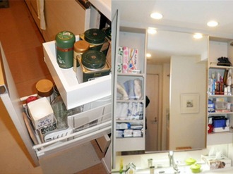 システムキッチンの使いにくかった「引出し」を造作 洗面台の収納は、扉の開き方を変えて使いやすくなりました。